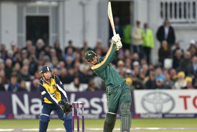 Alex Hales launches a six straight down the ground during the NatWest T20 Blast match between the Outlaws and the Bears at Trent Bridge, Nottingham on 15 May 2015. Photo: Simon Trafford