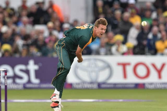 Jake Ball following through during the NatWest T20 Blast match between the Outlaws and the Bears at Trent Bridge, Nottingham on 15 May 2015. Photo: Simon Trafford