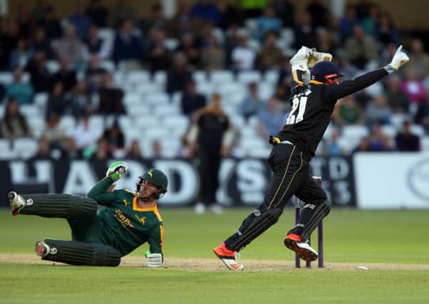 Nottinghamshire Outlaws' Sam Wood is run out by Yorkshire Viking's Johnny Bairstow during the NatWest T20 Blast at Trent Bridge.