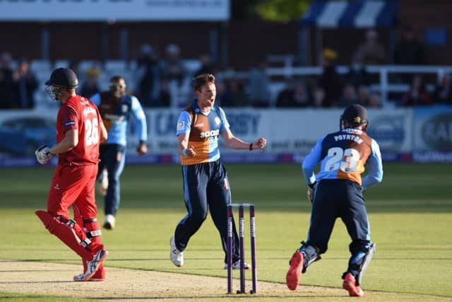 Tony Palladino celebrates the wicket of James Faulkner. Photo: Simon Trafford