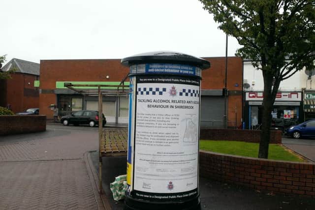 A sign in Shirebrook marketplace advertising  the Direct Public Policing Order (DPPO) makes it a criminal offence to drink irresponsibly in public.