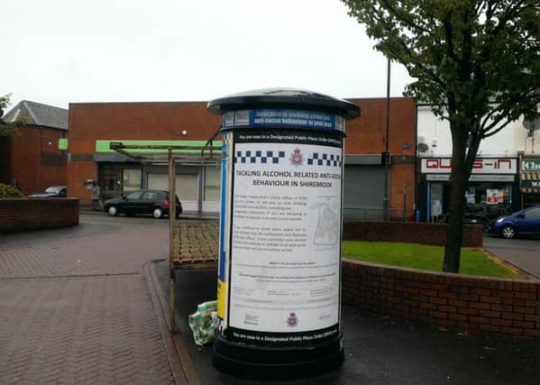 A sign in Shirebrook marketplace advertising  the Direct Public Policing Order (DPPO) makes it a criminal offence to drink irresponsibly in public.