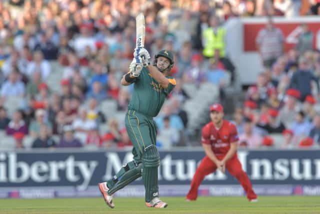 Michael Lumb pulls during the NatWest T20 Blast match between the Lightning and the Outlaws at Emirates Old Trafford, Manchester on 15 July 2015.  Photo: Simon Trafford