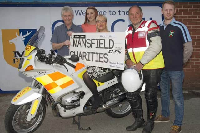 Mansfield Hospitals Theatre Troupe (MHTT) held their annual Presentation Evening at MTFC Kevin Bird Suite, celebrating the financial success of their 2015 pantomime Aladdin, performed at the Palace Theatre Mansfield.A total sum of £4,250 was donated, with the main beneficiary being the Nottingham Blood Bikes, pictured below receiving their cheque £2,500.