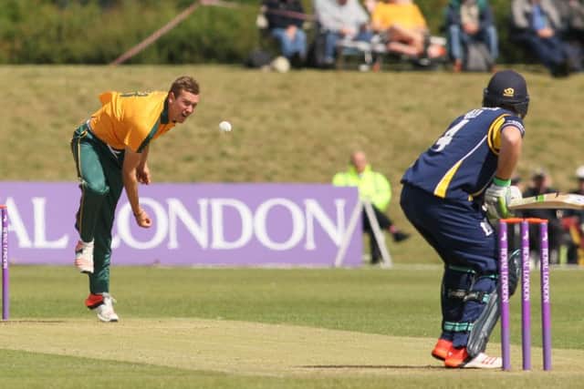 Notts Outlaws local lad  Jake Ball bowls to Warwickshire's Ian Bell- Pic by: Richard Parkes