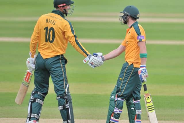 Fifty opening partnership between Alex Hales and Riki Wessels during the Royal London One-Day Cup Quarter Final match between the Outlaws and Durham at Trent Bridge, Nottingham on 25 August 2015.  Photo: Simon Trafford