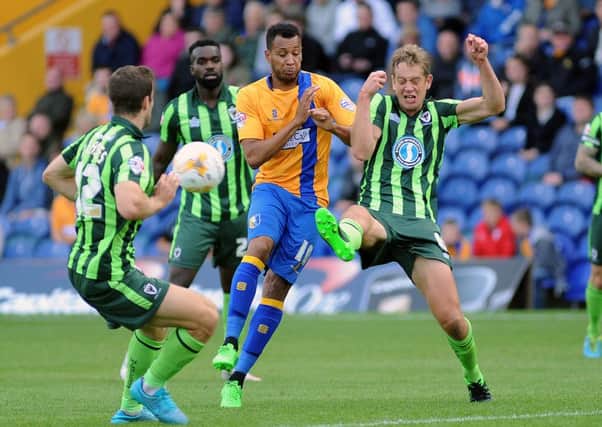 Mansfield Town v AFC Wimbledon -Skybet League One - One Call Stadium - Saturday 5th September 2015

Matt Green gets blocked out by three defenders