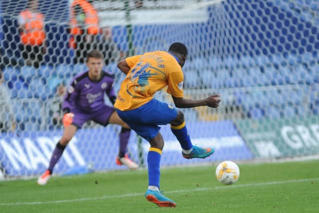 Mansfield Town v Crawley Town -Skybet League One - One Call Stadium - Saturday 12th September 2015Craig Westcarr places it in the bottom corner for goal 4
