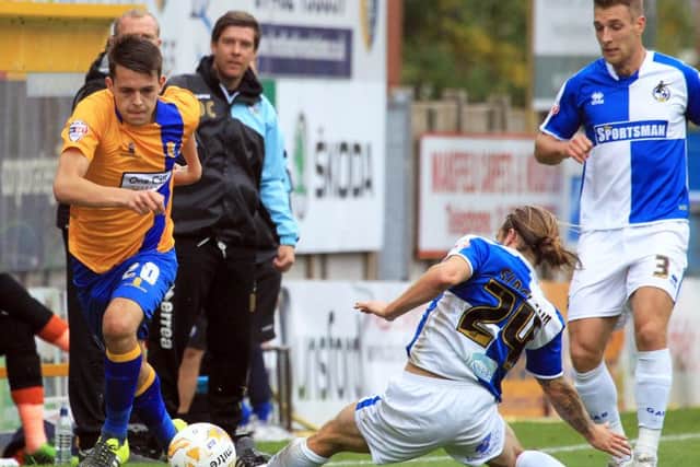Mansfield Town v Bristol Rovers in the Sky Bet League 2 match on Saturday October 17th 2015. Jack Thomas for Mansfield and Stuart Sinclair for Bristol Rovers. Photo: Chris Etchells