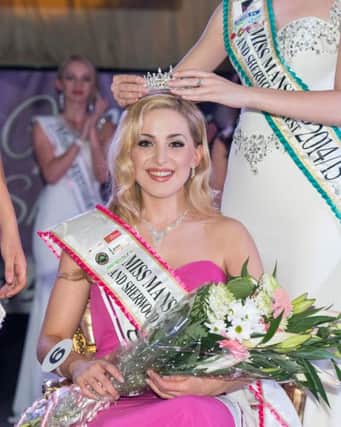 Amy Beilby is crowned Miss Mansfield and Sherwood Forest by 2014/15 winner Jessica Boot. CREDIT: Lorraine from All Occasions Photography.