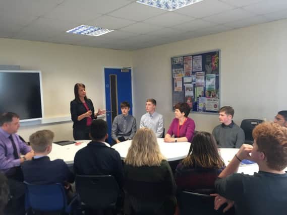 Gloria De Piero MP speaks to students at Quarrydale Academy about voter registration.
