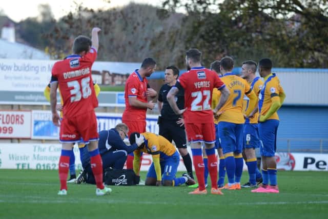 Mansfield Town v Oldham Athletic - FA Cup - One Call Stadium - Saturday 7th November 2015Mansfield Towns Craig Westcarr No 11  Receives Treatment After A Hard Tackle