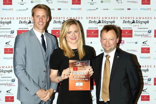 Picture: Alex Cantrill-Jones
DERBY TELEGRAPH SPORTS AWARDS 2015 HELD AT THE ROUNDHOUSE, DERBY.
Winner of the Sportswoman of the year award is Hollie Webb.
Pictured, from left, are Ross Davenport, Hollie Webb and Mike Atkinson.