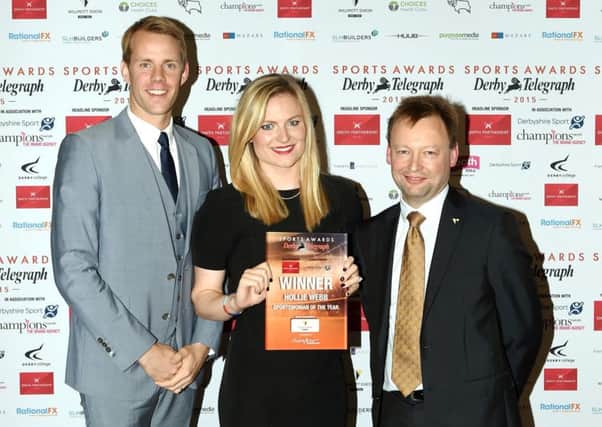 Picture: Alex Cantrill-Jones
DERBY TELEGRAPH SPORTS AWARDS 2015 HELD AT THE ROUNDHOUSE, DERBY.

Winner of the Sportswoman of the year award is Hollie Webb.
Pictured, from left, are Ross Davenport, Hollie Webb and Mike Atkinson.