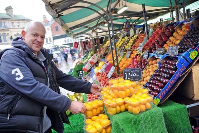 Ian Hibbert on his fruit and veg stall on Mansfield Market Place.