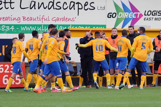 Mansfield Town v Hartlepool United - Skybet League Two - One Call Stadium - Saturday 21st November 2015
scorer Matt Green ceelebrates with manager Adam Murray and team