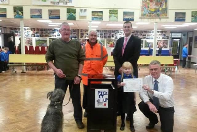 Geoff Jago-Lee with Luther the dog, Alex Moorehouse (ADC), Rob Della-Spina (Head teacher) - front right winner Sophie Schimanske with Coun Lee Anderson.