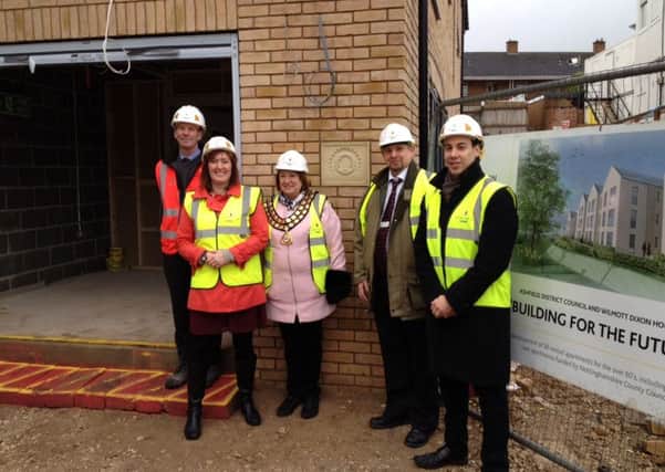On site at Darlison Court. 
From left: Senior Build Manager at Willmott Dixon, David McDonald;  At the topping out ceremony at Darlison Court: Leader of Ashfield District Council, Cllr. Cheryl Butler; Chairman of Ashfield District Council, Cllr. Glenys Maxwell;  Vice chair of Nottinghamshire County Councils Adult social care and health committee, Cllr. Alan Bell; and Ashfield District Council Portfolio holder for Housing and Asset management, Cllr. Keir Morrison