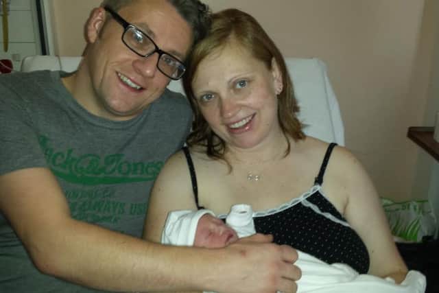 New mum Nicole was told to join the WI at a later date as she was breastfeeding her baby, pictured with her husband John-Paul and Scarlett who was born on November 22.