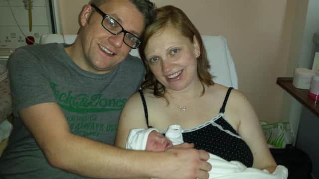 New mum Nicole was told to join the WI at a later date as she was breastfeeding her baby, pictured with her husband John-Paul and Scarlett who was born on November 22.