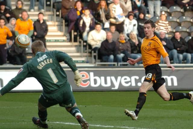Hull City v Colchester United: Coca Cola Championship.A first half chance for Hull as Ryan France's shot is blocked by Dean Gerken. picture mike cowling feb 16th 2008