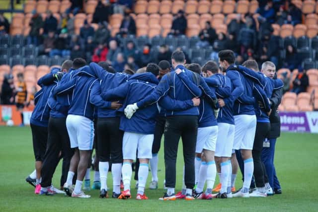 Mansfield Town team pre maych huddle - Pic by Chris Holloway