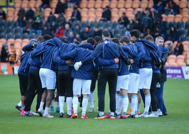 Mansfield Town team pre maych huddle - Pic by Chris Holloway