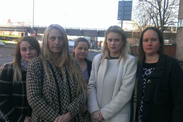 The family and friends of Iris Higginson outside Nottingham Crown Court. From left, granddaughter Nina Spencer, daughter-in-law-Pauline Hotchkiss, daughter-in-law Tammy Beadle, granddaughter Coral Hotchkiss and friend Adele Bis.