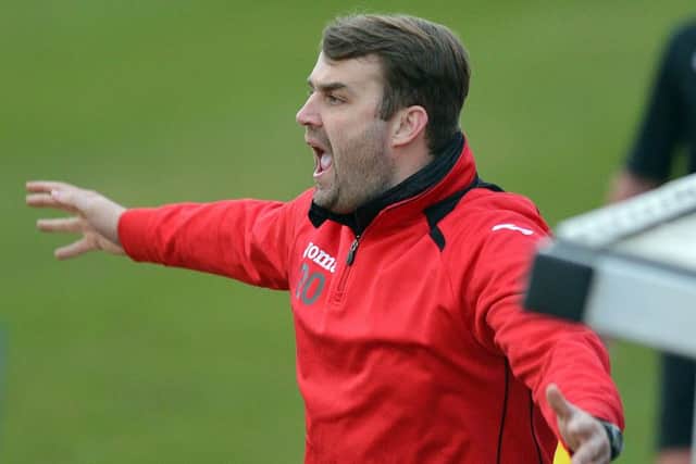 Matlock town v Ashton united. Matlock manager Mark Hume.