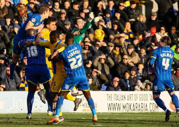Mansfield Town attack the AFC Wimbledon defence  - Pics by Chris Holloway