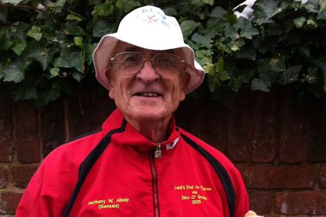 Anthony Allsop from Mansfield now hold the Guinness World Record for being the oldest person to walk from Lands End to John O'Groats, pictured here with Darwin the mascot