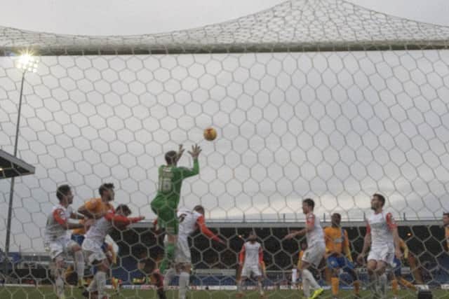 Mansfield Town v Luton Town - Skybet League Two - One Call Stadium - Saturday 23 jan 2016
Luton keeper Elliot Justham gets up at stags corner to stop the attack