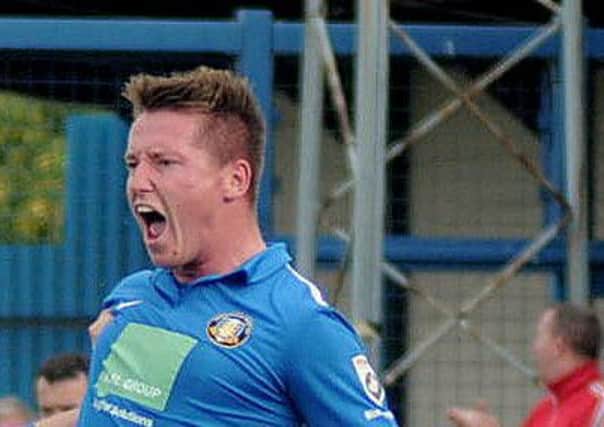 Action pics from the Gainsborough V Boston match. Gainsborough.  Trinity in Blue kit Nathan Jarman celebrating his goal