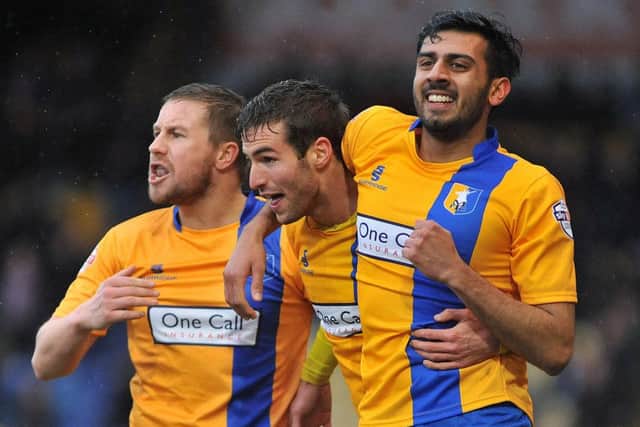 Mansfield Town v Morecambe - Skybet League Two - One Call Stadium - Saturday 6 Feb 2016 - Photographer Steve UttleyMatty Blair celebrates with Mal Benning and Jamie McGuire