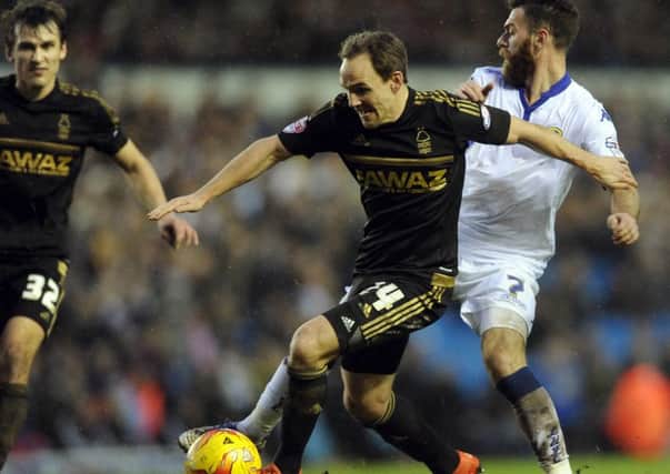 Date:6th February 2016. Picture James Hardisty.
Leeds United v Nottingham Forest, pictured Leeds United's Mirco Antenucci, tackles Nottingham Forest David Vaughan.