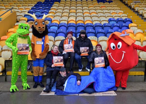 Official launch of Frameworks Big Snore sleep out event at Mansfield Town FC One Call Stadium, pictured with Sammy the Stag are Joe Jowitt, Freddy the Frog, Framework mascot Sarah Cross, Coun John Coxhead, Michelle Hanson, Gary Lawson, Andrea Laund and Craig Ray