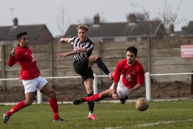 Nicky Walker sees an effort go close against Thackley. Photo by Andy Sumner.