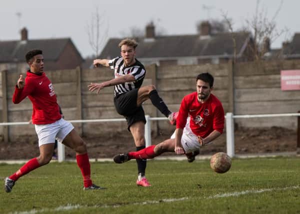 Nicky Walker sees an effort go close against Thackley. Photo by Andy Sumner.