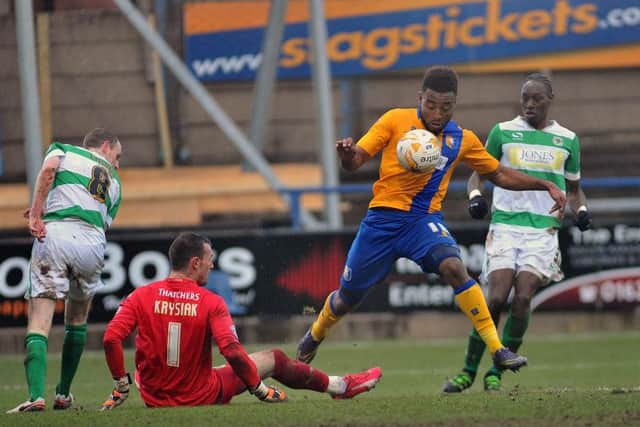 Adi Yussuf gets past Artur Krysiak but can't hit the targetMansfield Town v Yeovil Town - Skybet League Two - One Call Stadium - Saturday 20 Feb 2016 - Photographer Steve Uttley