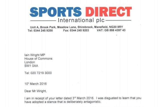 Mike Ashley's letter to MP Iain Wright.