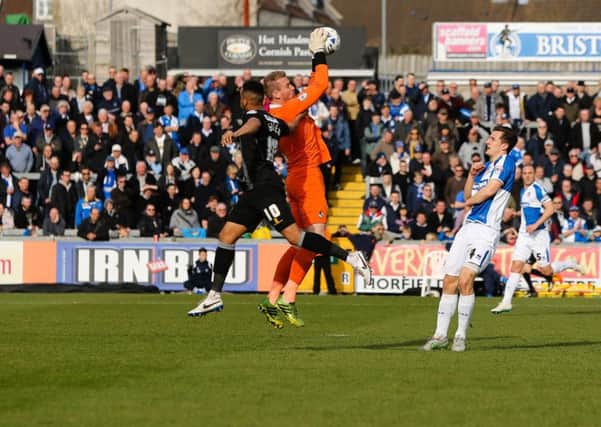 Mansfield Town's Matt Green is denied by the #bristol keeper  - Pic Chris Holloway
