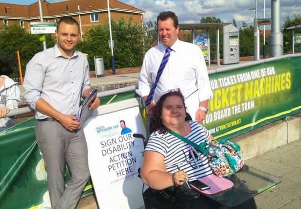 Emma Donaldson, campaigning with Conservative councillor Ben Bradley (left) and MP Mark Spencer at Kirkby train station