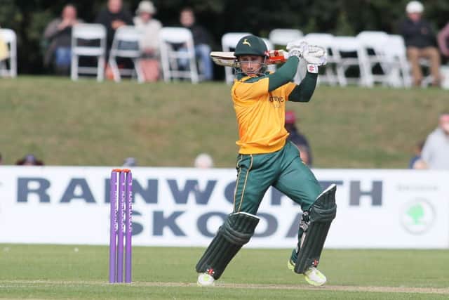 James Taylor hammers home a boundary for the Notts Outlaws - Pic by: Richard Parkes