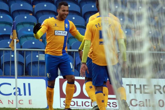 Mansfield Town v Northampton Town, Monday March 28th 2016. Stags player Matt Green scores his 1st goal of the game. Photo: Chris Etchells