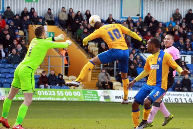 Mansfield Town v Northampton Town, Monday March 28th 2016. Stags player Matt Green scores his 1st goal of the game. Photo: Chris Etchells