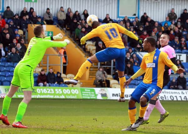 Mansfield Town v Northampton Town, Monday March 28th 2016. Stags player Matt Green scores his 1st goal of the game. Photo: Chris Etchells