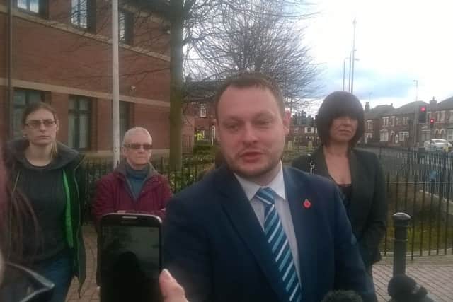 Jason Zadrozny speaks to the press after his appearance at Mansfield Magistrates Court on March 30 to face child sex charges.