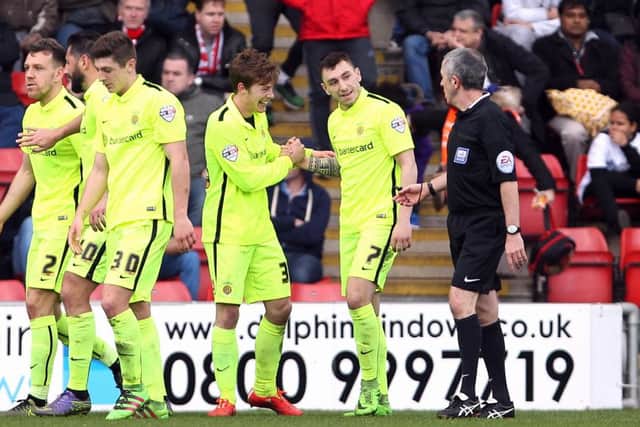 Leyton Orient v Hartlepool UnitedEnglish League Football - Sky BET League TwoMatchroom Stadium, Brisbane Road, Leyton, England.28th March 2016Hartlepool United's Nathan Thomas (right) celebrates making it 2-0 with Luke JamesPicture by Dan Westwell