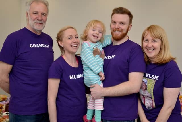 Charity fundraiser at Body Box, Mansfield for two-year-old Elsie Novell. Pictured from left are Graham Green, Charlotte Novell, Elsie Novell, Chris Novell and Sue Green