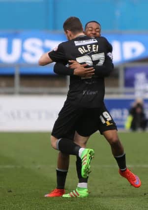 Mansfield Town's goalscorer Reggie Lambe celebrates with Daniel Alfei - Pic Chris Holloway